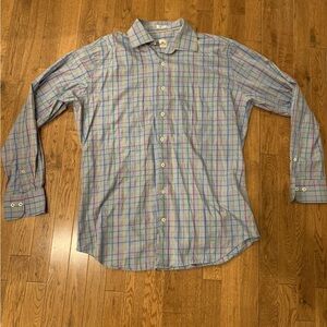 Peter Millar Large Blue Pink Plaid Check Long Sleeve Casual Shirt Button Down